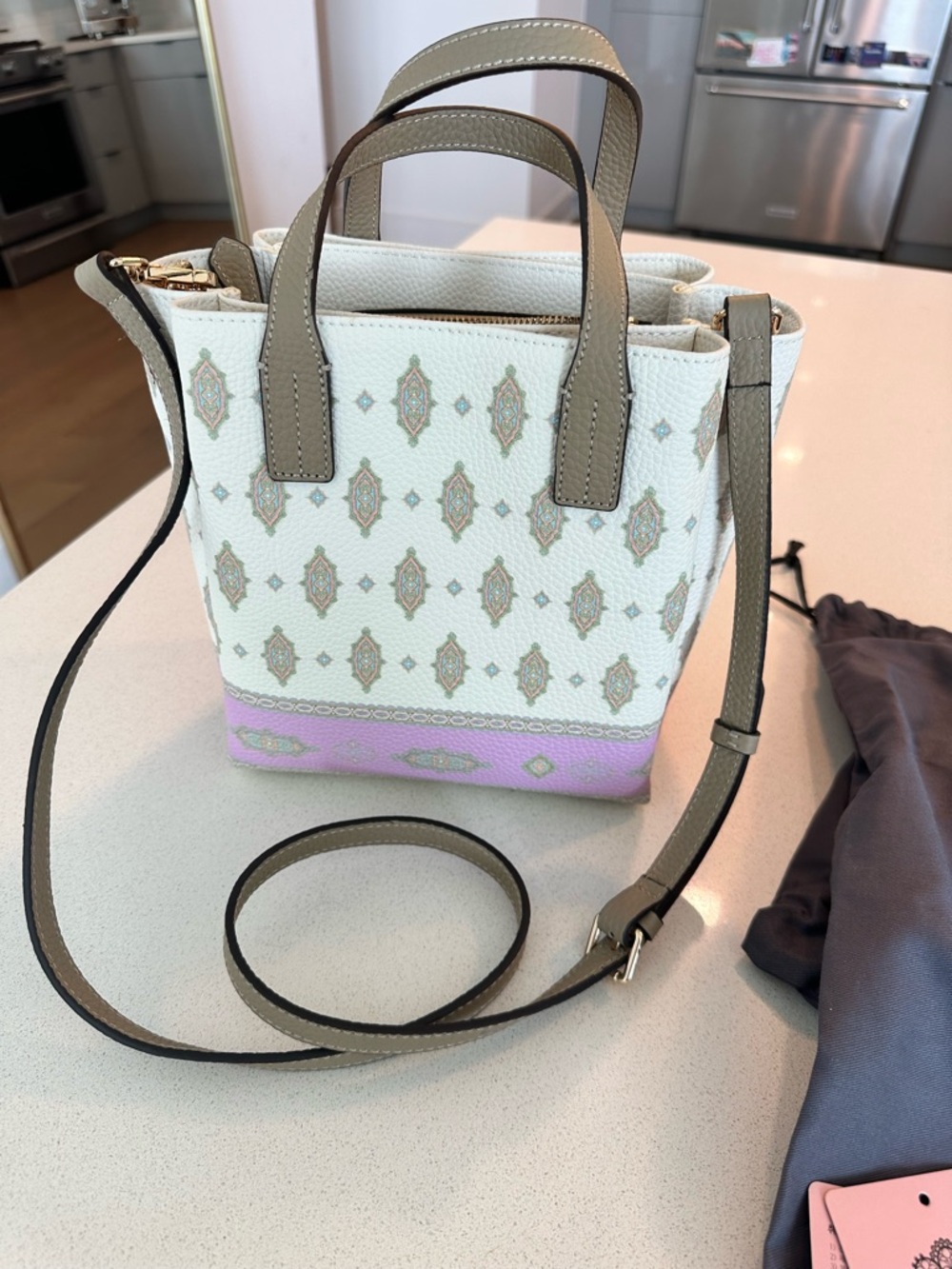 Manoush White and Lavender Kilim Patterned, Ople-Embossed Synthetic Leather Tote - Picture 7 of 13